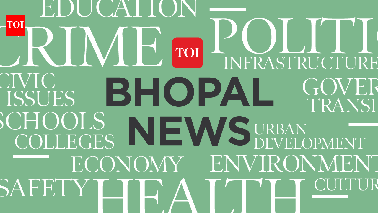 Світло-зелений фон із великими словами: “BHOPAL NEWS” чорним, навколо білим — “CRIME”, “POLITICS”, “HEALTH”, “EDUCATION”, “INFRASTRUCTURE”, “ENVIRONMENT”, “ECONOMY”, “SAFETY”, “SCHOOLS”, “COLLEGES”, “URBAN DEVELOPMENT”. Два червоні квадрати “TOI”.