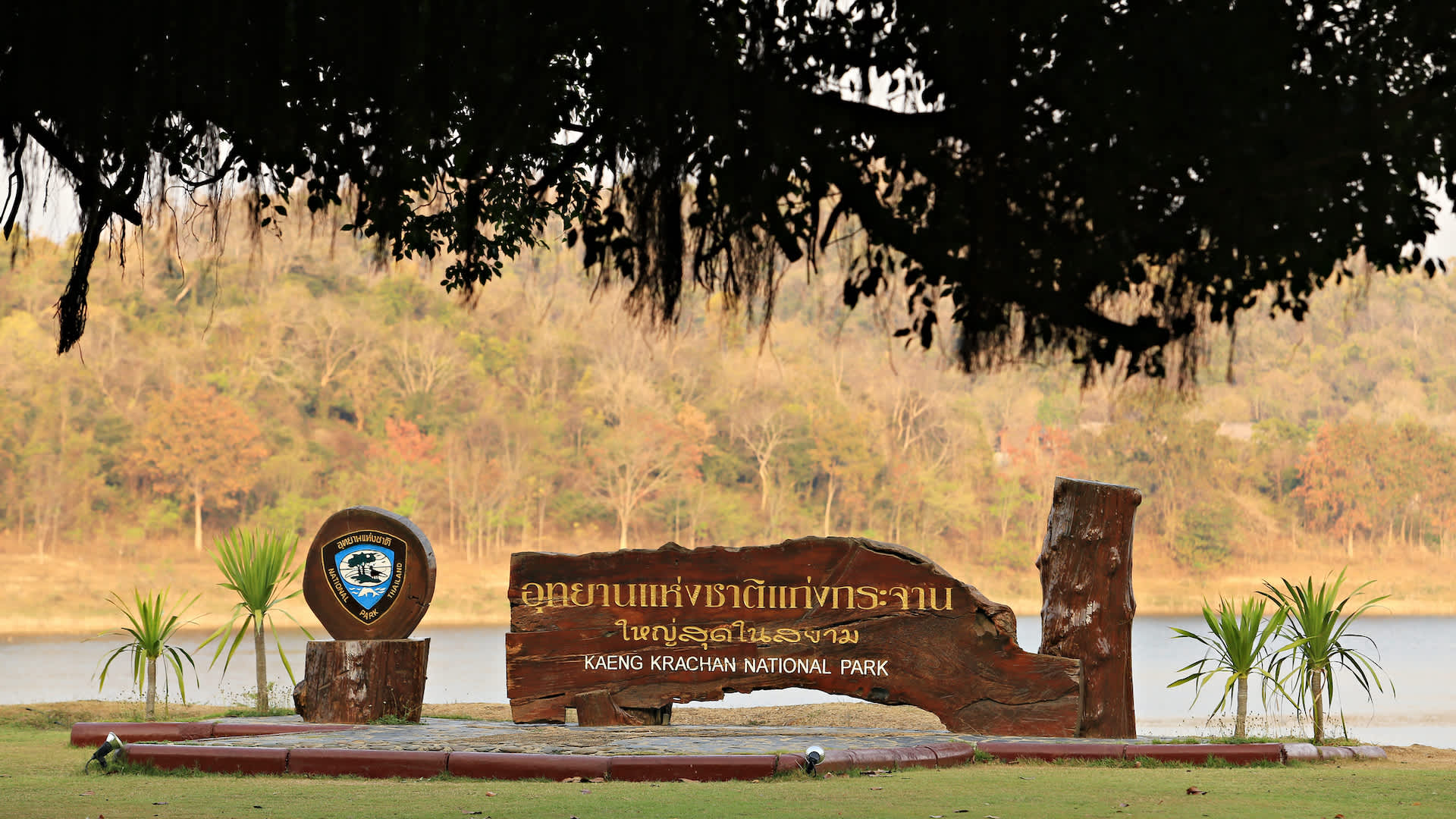 Дерев\'яна вивіска з жовтим і білим текстом: \"KAENG KRACHAN NATIONAL PARK\" та написами тайською мовою. Логотип з блакитними, білими та чорними елементами на круглому дерев\'яному знаку. Позаду водойма, дерева із зеленим та рудуватим листям. Спереду зелена трава, пальми, доріжка.